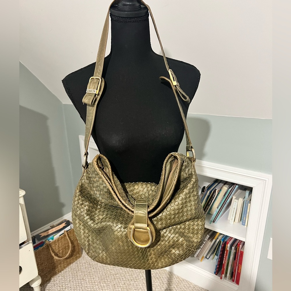Ganson Green & Gold Woven Leather Large Handbag Satchel Bag Shoulder Bag